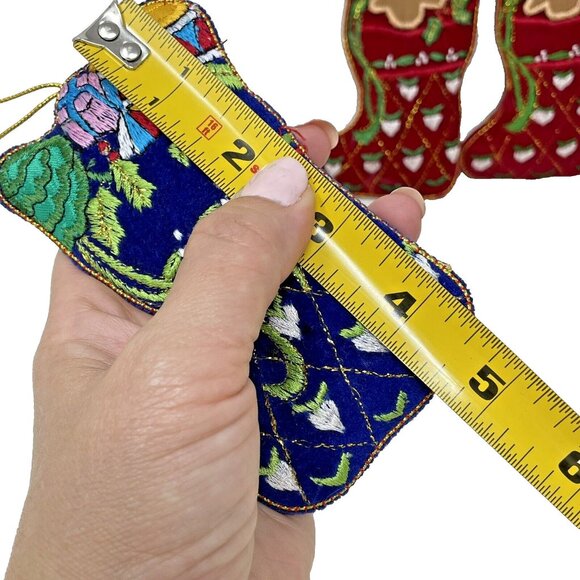 Stuffed Tapestry Stocking Christmas Tree Ornaments 4 Embroidered Folk Art 4.75" - Picture 3 of 5
